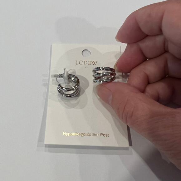 NWT J. Crew Silver Triple Hoop Earrings - Picture 4 of 6
